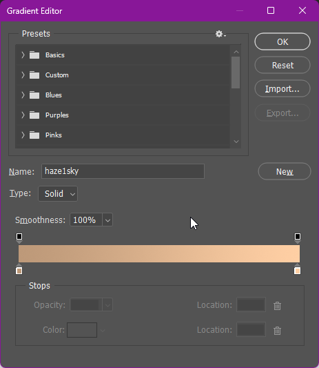 Gradient Editor menu in Adobe Photoshop